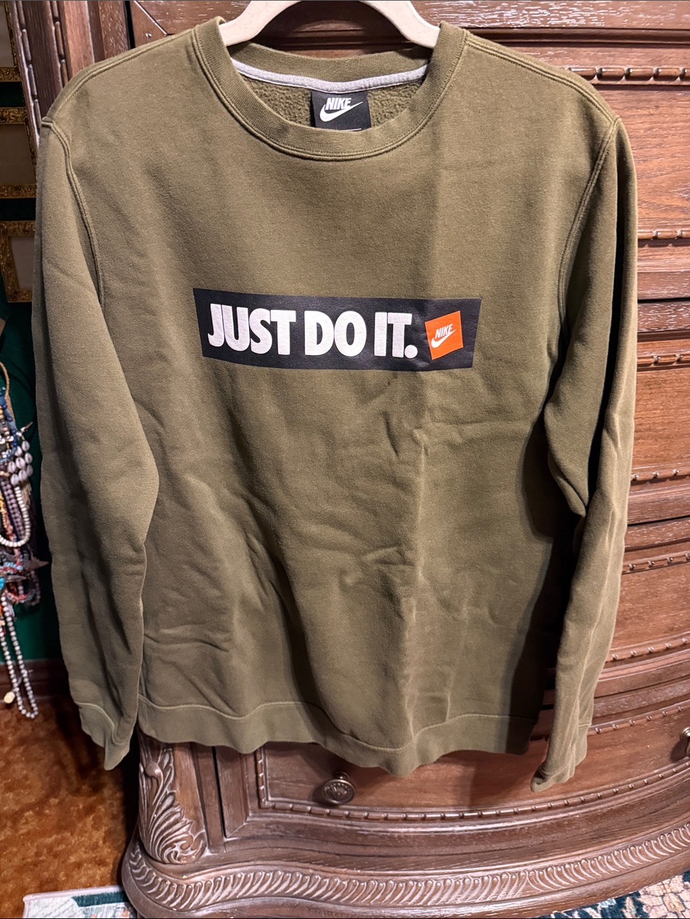 Nike Olive Green Crewneck Sweatshirt with 'Just Do It.' Logo